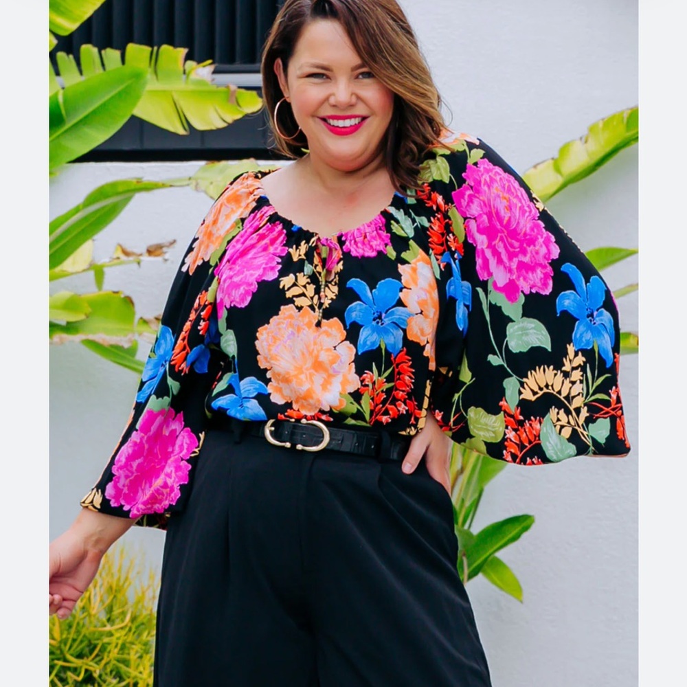 Vince Camuto Black Floral Peasant Blouse with Pink Blue Orange Flowers